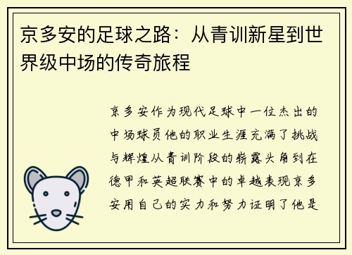京多安的足球之路：从青训新星到世界级中场的传奇旅程